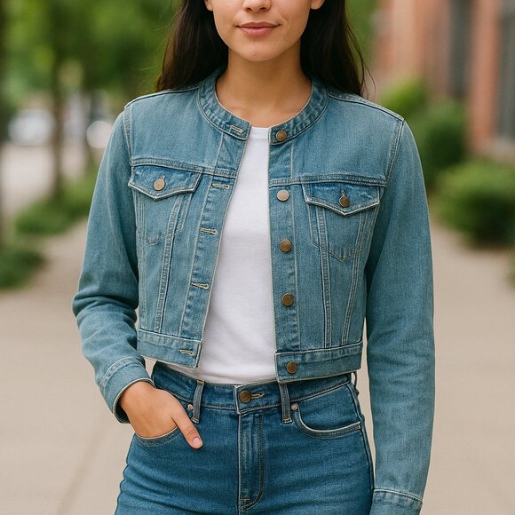Women’s Cropped Button Front Denim Jacket Blue Jean Coat Vintage Style - Picture 1 of 6